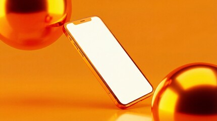A smartphone floats between reflective metallic spheres on an orange surface, captured from a dynamic angle
