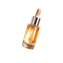 Naklejka premium A glass bottle of golden serum with a dropper on a black background