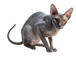 Portrait of cute gray sphynx cat sitting isolated on transparency background looking curious with beautiful yellow eyes and large ears staring at camera with attentive gaze