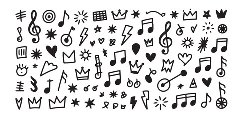 Music doodle elements set including musical notes crowns stars hearts lightning bolts and shapes