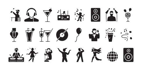 Obraz premium Set of party and music icons vector black and white silhouettes on isolated background