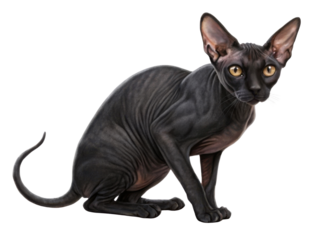 One elegant black sphynx cat sitting isolated transparency background looking calm and mysterious with beautiful golden eyes creates distinctive digital pet illustration for creative design