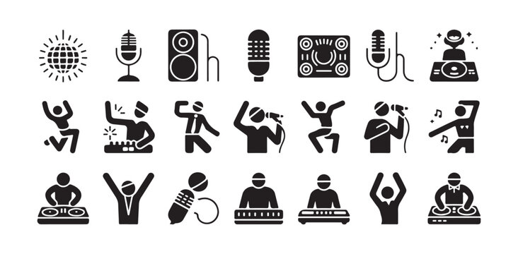 Music festival icons set with dj performers disco ball microphones speakers and dancing people