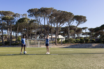 Diverse teenage teammates posing by goal on pitch wearing blue shirts, one resting foot on ball