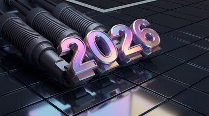 Shiny 2026 numbers reflected on a sleek black metallic surface surrounded by three cylindrical objects, viewed from an angle