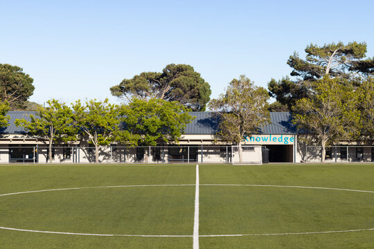Artificial turf centerline running toward school building, with 'Knowledge' sign and tree shadows