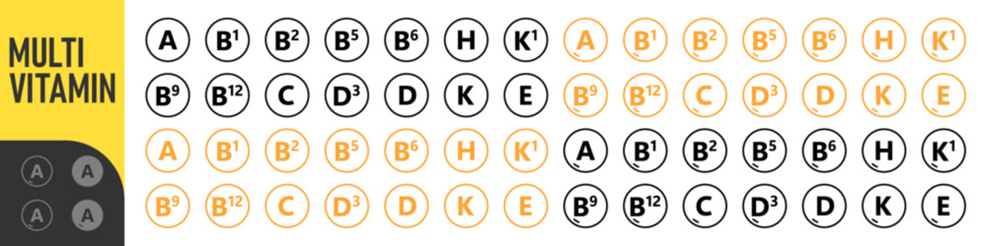 Set of Multi Vitamin complex icons. Multivitamin supplement. Vitamin A, B group B1, B2, B3, B5, B6, B9, B12, C, D, D3, E, K, H, K1, PP. Essential vitamin complex. Healthy life concept