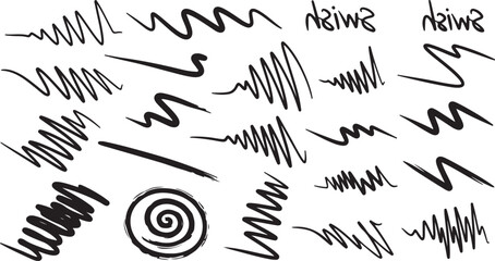 Obraz premium Black underline chalk brush strokes with pencil line crayon texture for handdrawn designs and markings. Rough wavy zigzag patterns or straight horizontal elements.