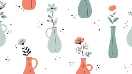 Seamless floral pattern featuring minimalist flowers in various muted-colored vases and jugs against a white background with decorative dots.