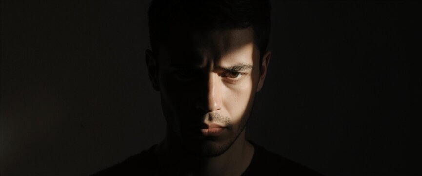 Half-lit human face fading into shadow, dark background, concept of depression and inner struggle