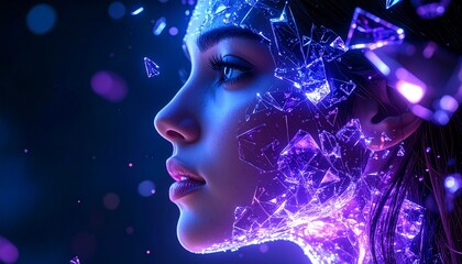Futuristic woman with glowing purple digital elements surrounding her face.