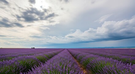 Fototapeta premium Expansive lavender fields blooming under a dramatic, cloud-filled sky