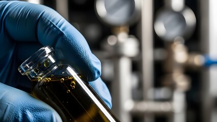 A person in blue gloves carefully holds a glass vial filled with a substance in a laboratory setting