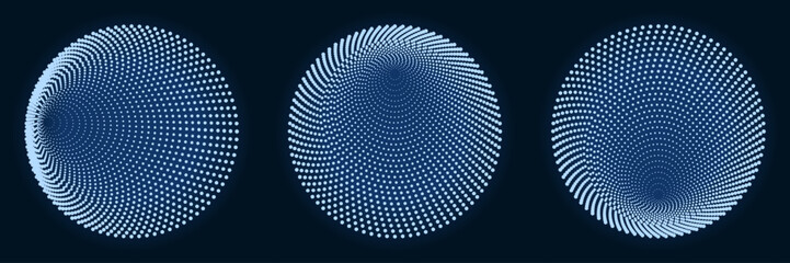 Set of blue glowing circular spiral patterns with halftone dots for futuristic digital technology background