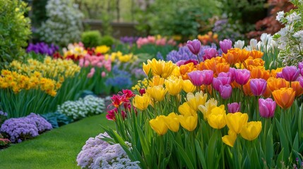 A colorful garden with a variety of flowers including yellow and pink tulips