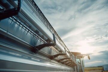 Fototapeta premium Close up of modern agricultural machinery under soft evening light