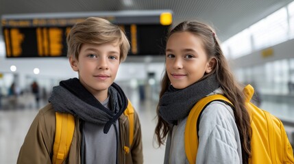 Two young children are standing in an airport, smiling and posing for a picture