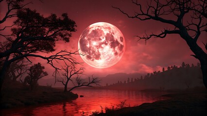 Luminous Red Blood Moon Over Water at Night, Silhouette Trees, Ethereal Sky
