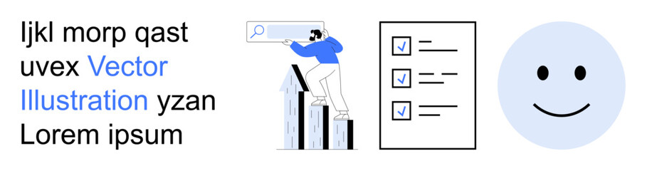 Fototapeta premium Business strategies, productivity, task organization, data visualization, digital tools, growth analysis. A person analyzing graphs, checklists and search icons. Business strategies and productivity