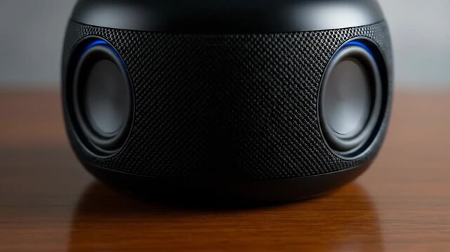 Wireless speaker with blue light ring on a wooden table, modern technology.