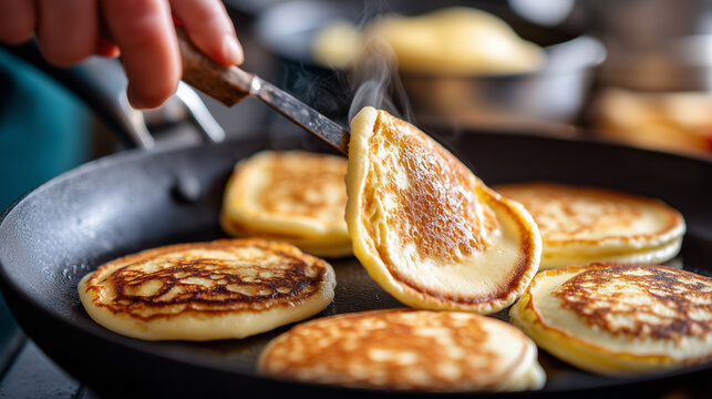 Close-up of blini being cooked on a cast-iron pan, a hand flipping the pancake with a spatula, authentic kitchen moment, soft steam, warm stovetop light, unstyled real-life kitchen