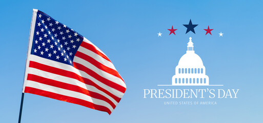 Celebration of Presidents Day with American flag and Capitol building against blue sky