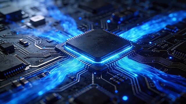 Close up of electronic circuit board with glowing blue lines on dark background