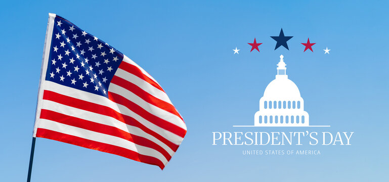 Celebration of Presidents Day with American flag and Capitol building against blue sky
