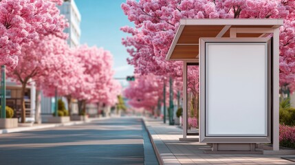 A white bus stop with a sign on it in front of a street with cherry blossoms