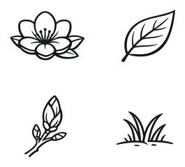 Botanical silhouettes: flower, leaf, bud, and grass icons on dark background