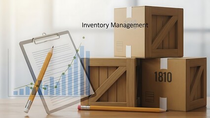 Professional inventory management concept with wooden crates, shipping boxes, clipboard, and a rising growth chart representing successful logistics and supply chain optimization.