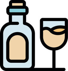 Obraz premium Glass of white wine with bottle, simple colored icon of alcoholic beverage, vector illustration