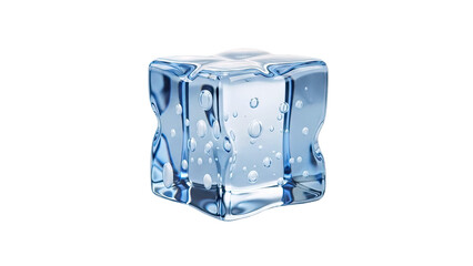 Clear ice cube with air bubbles on a white background