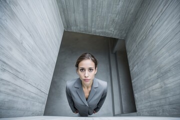 European female accountant business woman standing below in large concrete stairwell looking upward. Concept portrait expressing responsibility, scale and pressure inside corporate system