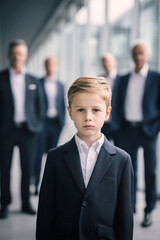 Serious young European boy standing in modern office with adult professionals behind him. Concept portrait symbolizing future ambition and generational contrast