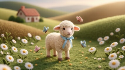 Knitted lamb with blue ribbon in a green meadow with daisies. Springtime nature scene with wool butterflies for Easter celebration.