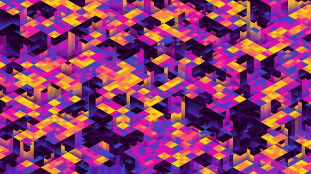 Isometric geometric mosaic pattern loop with glitch pixel sorting effect. Vaporwave colors.