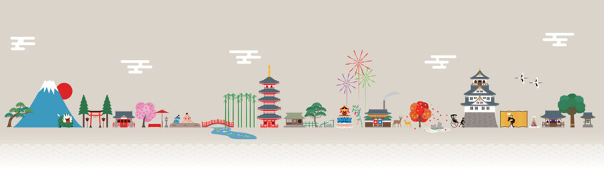 日本の伝統的な建物や風物や行事。四季の風景のイラスト