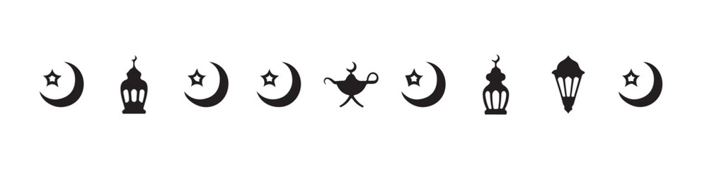 Obraz premium Islamic religion icon set featuring moon with star, various lanterns, and genie lamp silhouettes