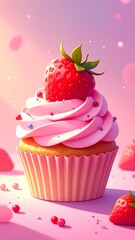 A colorful cupcake topped with pink frosting and a strawberry