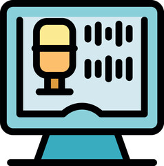 Podcast recording software displaying microphone and sound waves on computer screen, ideal for representing audio editing, podcast creation, or digital audio workstations