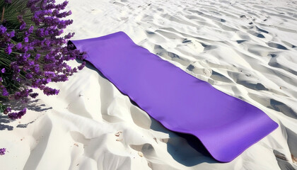 Lavender yoga mat on sandy beach with lavender flowers and copy space for meditation or relaxation themes
