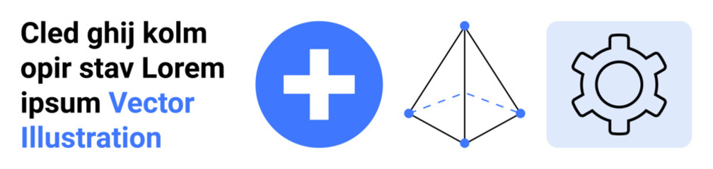 Fototapeta premium Blue medical cross, wireframe pyramid with nodes, and mechanical gear. Ideal for health, technology, innovation, engineering, medical design, education and a simple landing page