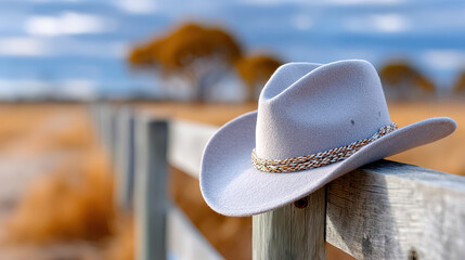 Australian cowboy hat on fence post in rural landscape