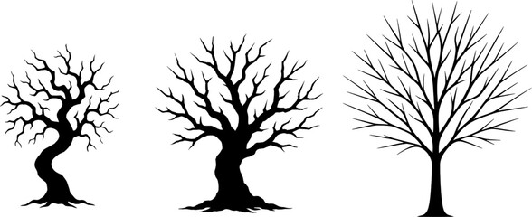Obraz premium Dead tree silhouette vector set with bare branches. Winter leafless tree icons isolated on white background for spooky or gothic design.