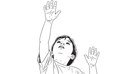 Expressive sketch of a young child looking up with raised hands for family welfare insurance services and childhood development education business marketing resources.