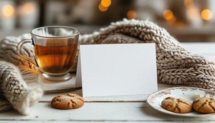 Blank greeting card with tea and cookies on a cozy table setting for personalized messages