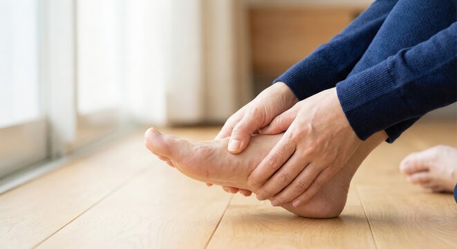 Adult East Asian woman sitting on a wooden floor indoors massaging her painful foot for relief, close up of hands on foot in a bright room, concept of healthcare and foot pain.