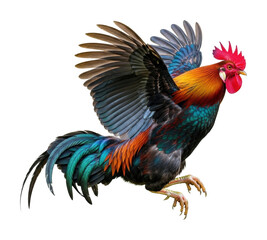 Fototapeta premium Wildlife concept rooster displaying colorful feathers in farmyard isolated on transparent background