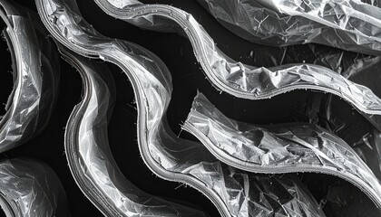 Close-up of layered, undulating gray material, textured with repeating geometric patterns